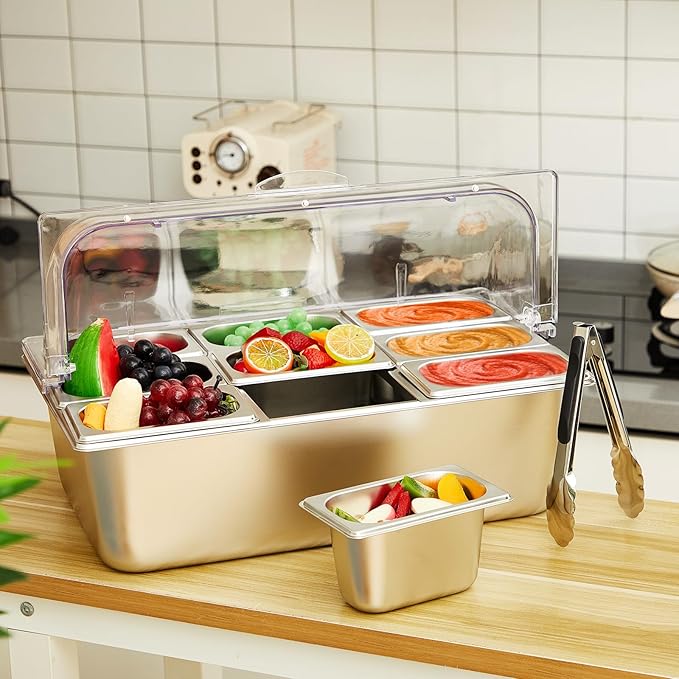 Tessco for you 16 Pcs Countertop Chilled Condiment Container Set with Lid, Stainless Steel Salad Cold Ice Food Spice Serving Display Caddy for Buffet Restaurant Kitchen Party(9 Compartments)