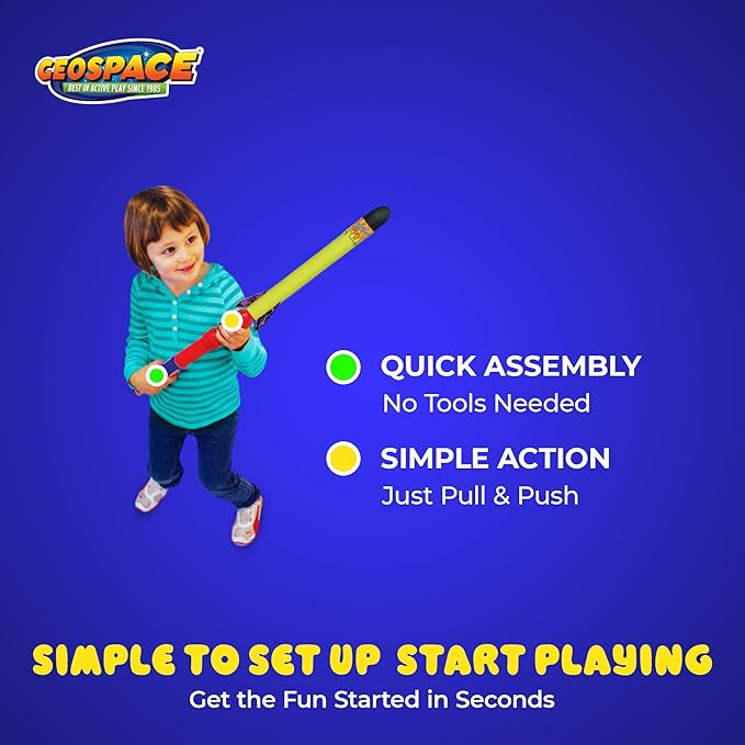 Geospace Hand Held Pump Rocket Medium Size Set - 30" Long Single Launcher & Rockets for Outdoor or Indoor Safe Play for Kids (Single Pump Rocket Jr.)
