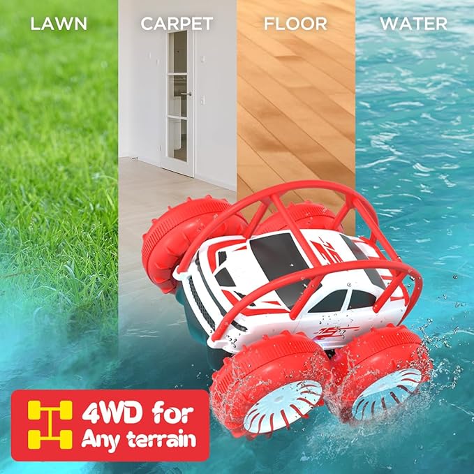 Remote Control Car, Fast Direct Charging RC Cars Amphibious 360° Rotating LED Rechargeable Stunt Car 2.4Ghz 4WD All Terrain RC Race Cars Toy Christmas Birthday Gift for Kids Boys Girls Aged 3-12 years
