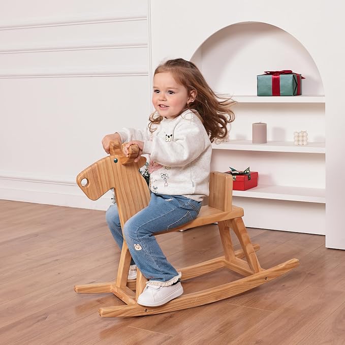 Kid Wooden Rocking Horse, Baby Ride On Toy Rocker for Toddler, Rocking Reindeer w/backrest Ideal Birthday Christmas/Birthday Gift for Boys & Girls (Natural)