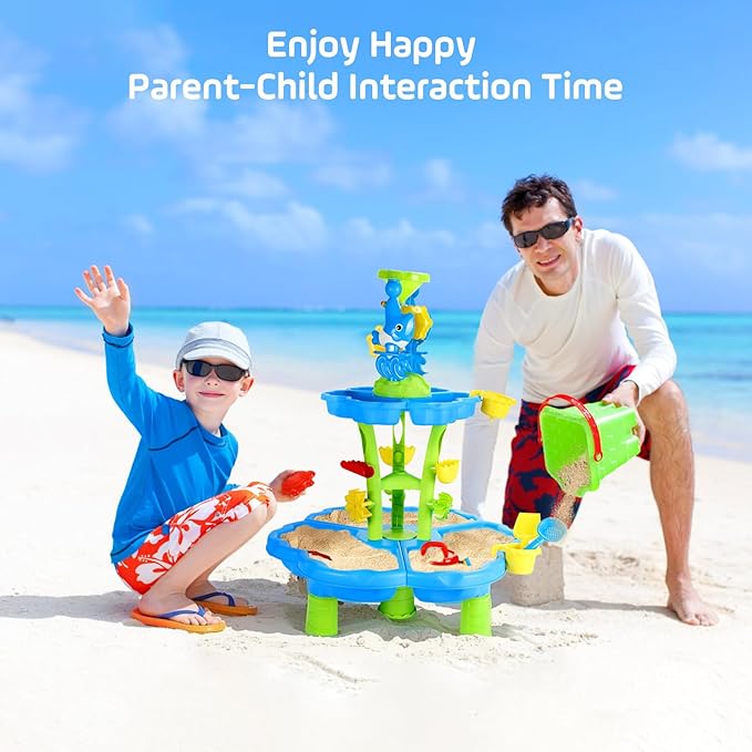 MoKo Water Table for Toddler 3+, 3-Tier Water Table for Kids Ages 4-8 for Outdoors Play, Kids Water and Sand Activity Sensory Playset, Sensory Table for Summer Beach Backyard, Blue-Green Dolphins