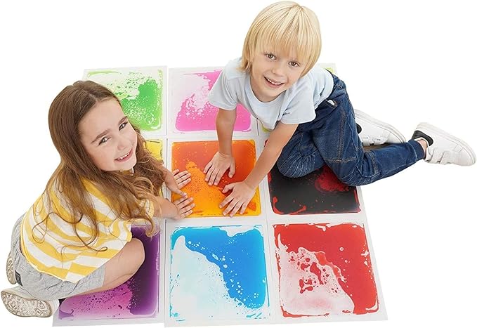 Special Supplies Square Floor Liquid Tiles for Kids, Set of 9, Colorful Early Learning Sensory Activity Mats for Toddlers and Children, Anti-Slip Backing for Active Play, Dance, and Games
