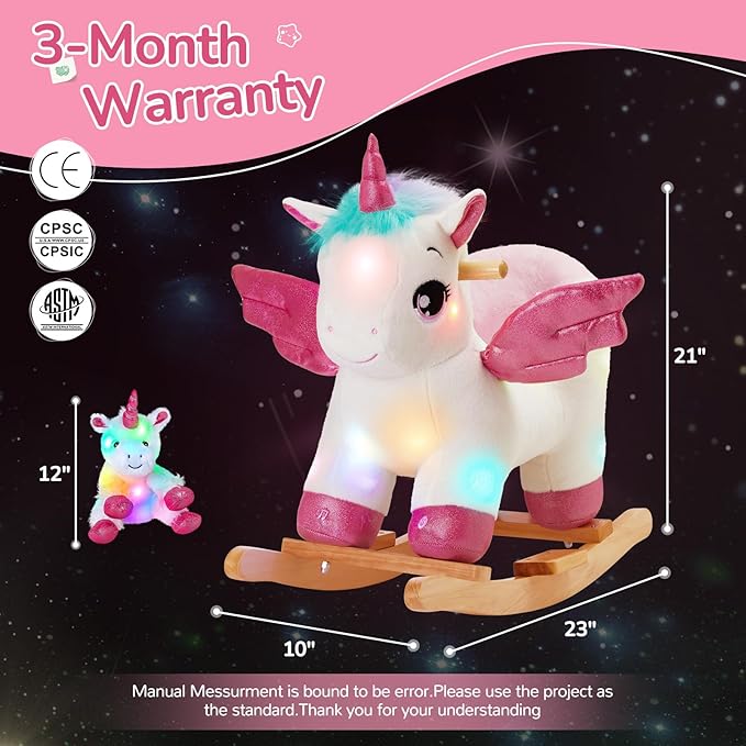 Glow Guards Light Up Musical Unicorn Baby Rocking Horse Set of 2 with Safety Belt White Unicorn Rocker Baby Rocking Chair Ride on Unicorn for Toddlers 1-3