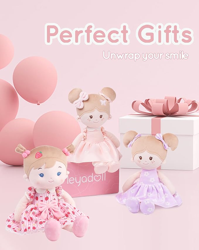 Soft Baby Doll Toys (16''), My First Baby Rag Doll for 1 Year-Old Girl Birthday Gift, Christmas Plush Toys Gift for Toddler Kids Infants-Strawberry-Girl