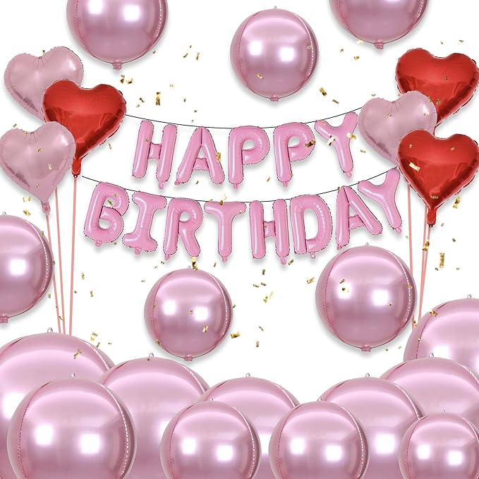 Pink Birthday Decorations with 16pcs Large 4D Foil Balloons in Different Size (10-50 Inch) + 6pcs 18" Heart Balloons + 16” Happy Birthday Banner for Indoor Outdoor Party Decorations (Pink)