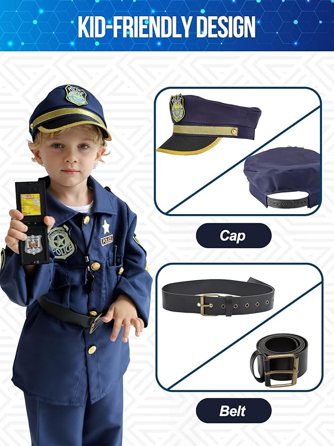 Police Officer Costume for Kids, Cop Toys with Policeman Uniform, Hat, Whistle, Toddler Dress Up for Christmas Party, Boys Girls Birthday Gift
