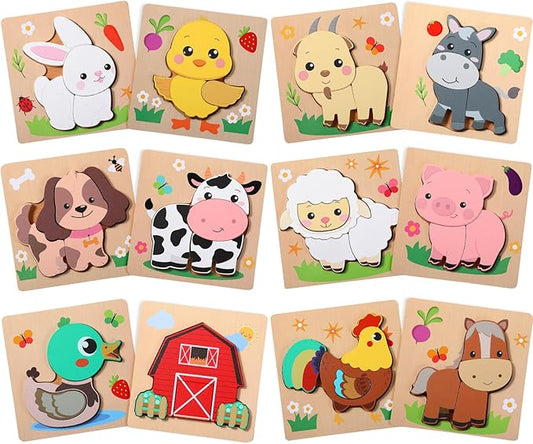 Capoda 12 Pack Farm Animal Wooden Puzzles Wood Farm Jigsaw for Toddlers Featuring Cow, Sheep, Pig and More Montessori Preschool Learning Games for Boys Girls Classroom Exchange Gifts Party Favors