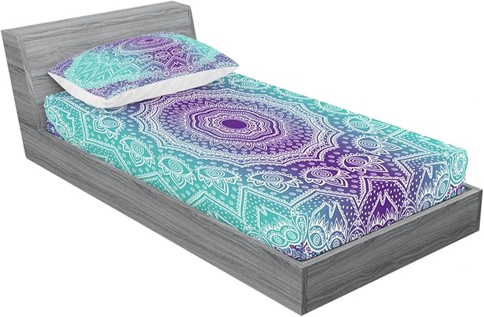 Ambesonne Mandala 2 Pack Fitted Sheet & Pillow Sham Set, Ornate Hippie, 4 Pcs Bedding Decor, Package Contains 2 Twin Size Fitted Sheets & 2 Pillow Covers, Aqua