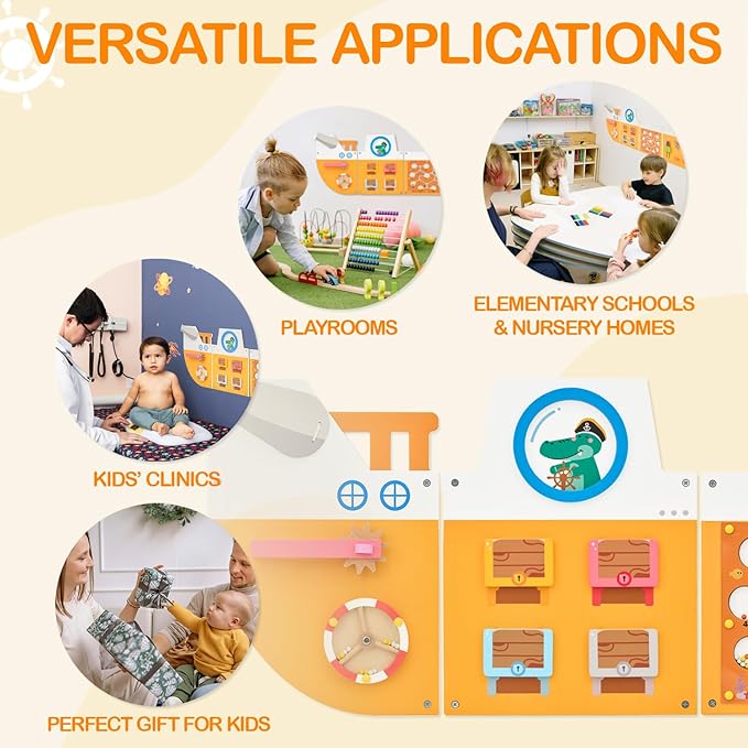 Monläurd® Wooden Ship Activity Wall Panel for Kids, Sensory Wall Toy, Activity Cube, Wall Toys for Toddlers 1-3, Playroom Toys, Daycare Furniture, Montessori Busy Board