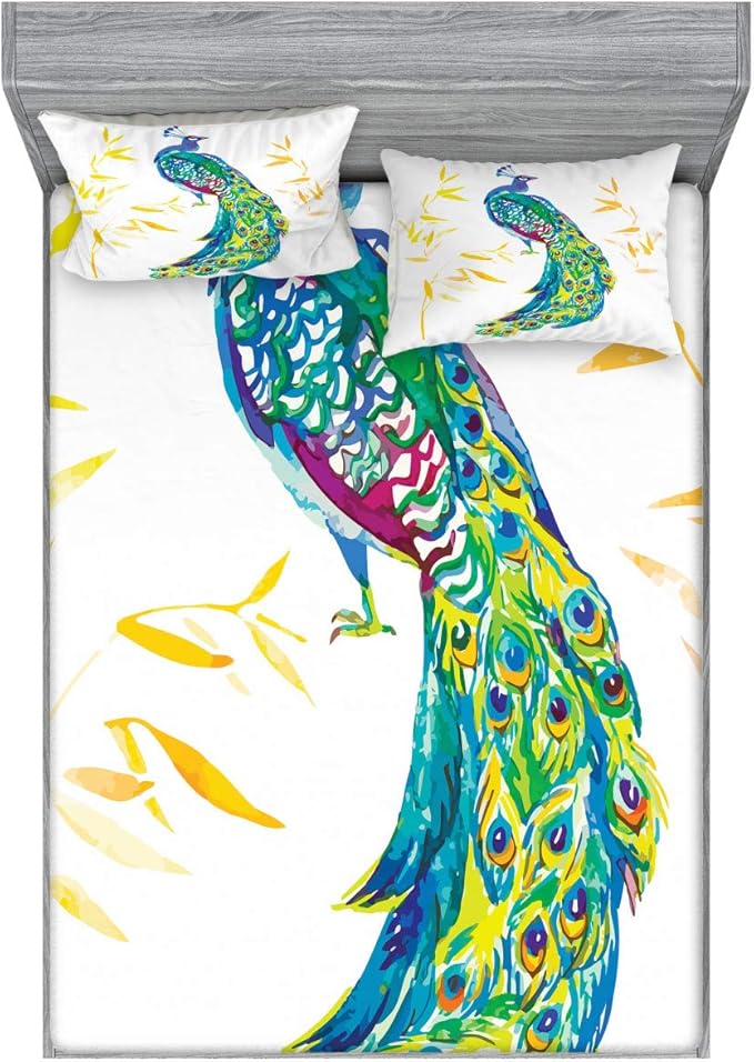 Ambesonne Peacock Fitted Sheet & Pillow Sham Set, Digital Watercolor Paint Creature Female Animal Large Tail Eyespots Image, Decorative Printed 3 Piece Bedding Decor Set, King, Orange Teal Yellow
