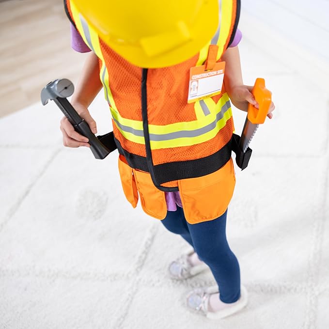 Melissa & Doug Construction Worker Role Play Costume Dress-Up Set (6 pcs) Frustration-Free Packaging - Pretend Construction Worker Outfit, Construction Worker Costume Set For Kids, Toddlers Ages 3+