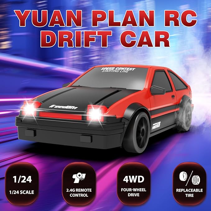 RC Drift Car, 1:24 Remote Control High Speed Race Drifting Cars, 2.4GHz 4WD Electric Sport Racing Hobby Toy Car with Two Batteries Headlight for Boys and Girls Teens and Adults (Red)