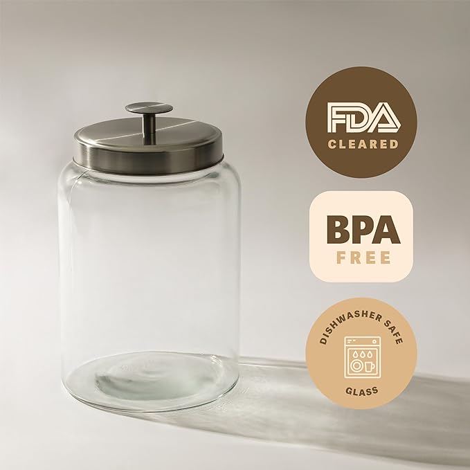 1 Gallon Large Glass Cookie Jar with Airtight Metal Lids - Food Storage Container for Freshness - For Flour, Chewy Pet Treats, Candy, Kitchen Counter Decorative or Laundry Room - Pack of 2
