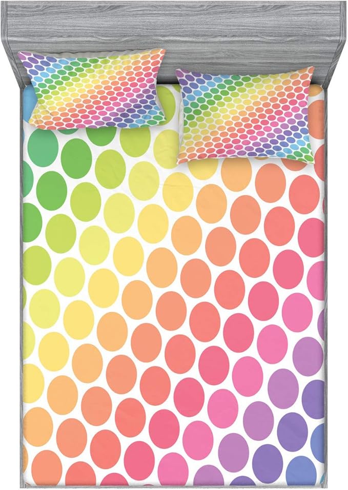Ambesonne Polka Dots Fitted Sheet & Pillow Sham Set, Polka Dots in Soft Rainbow Colors Big Points Eternal Shapes Retro Pattern, Decorative Printed 3 Piece Bedding Decor Set, King, Pink Yellow