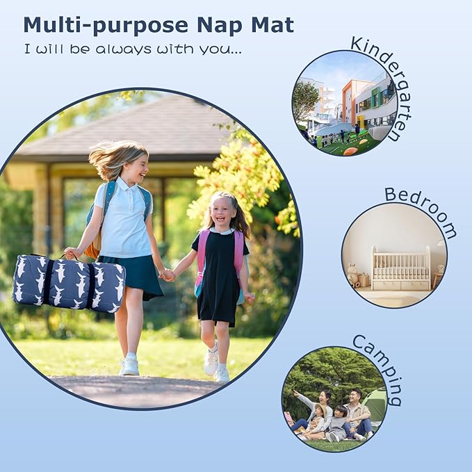 Toddlers Nap Mat with Removable Pillow and Soft Blanket, Lightweight Daycare Preschool Kindergarten Sleeping Bag, Travel Slumber for Kids Girls Boys