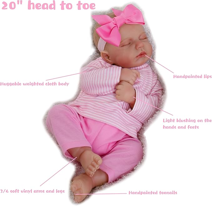 Lifelike Reborn Baby Dolls - 20-Inch Sweet Smile Real Life Realistic-Newborn Sleeping Baby Girl with Toy Accessories Gift Set for Kids Age 3+