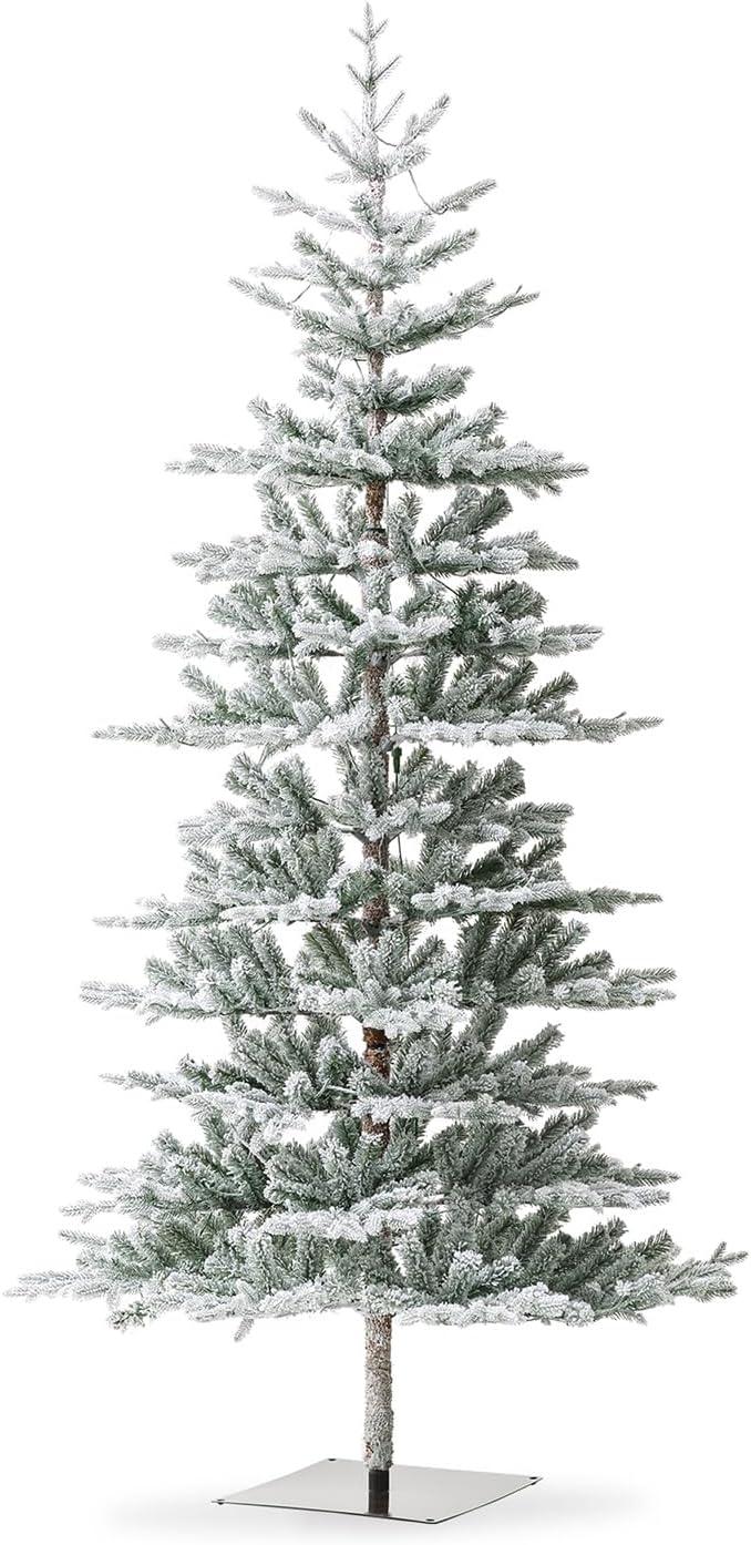 Glitzhome Christmas Tree with Lights, 8ft Deluxe Flocked Artificial Prelit Christmas TRE with 1523 PE&PVC Branch Tips, Majestic Frostfall Fir Hinged Xmas Tree w/450 Warm White Lights, Easy Assembly