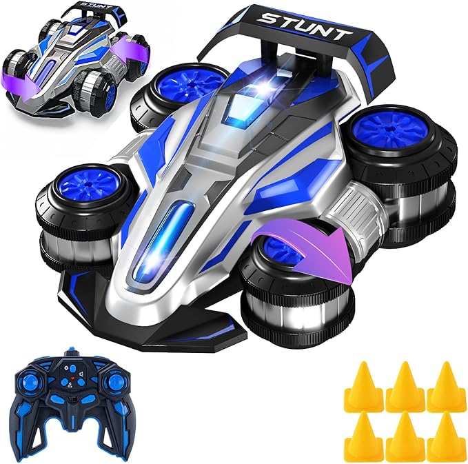 1:14 Remote Control Roll Stunt Car for Boys 360°Rotating 4WD RC Cars with Lights Music Upright Walking Four-Wheeled Rollover Toy Car Presents for Age 6-12(Blue)