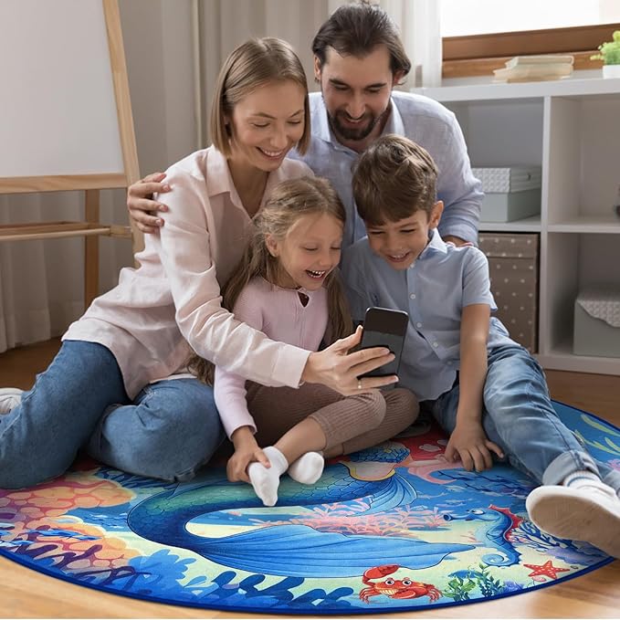 Round Rug for Kids Room Mermaid Rugs for Bedroom Kids Rugs for Playroom Girls Cute Cartoon Carpet Living Room Dining Room Decor 47x47 inch