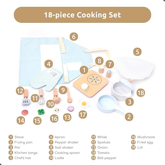 UMU® Wooden Kids Cooking Set – 18-Piece Pretend Play Kitchen Toy with Pots, Pans, Play Food, Utensils, Apron & Chef Hat – Montessori Role Play Set for Toddlers and Children Age 3 4 5 Years