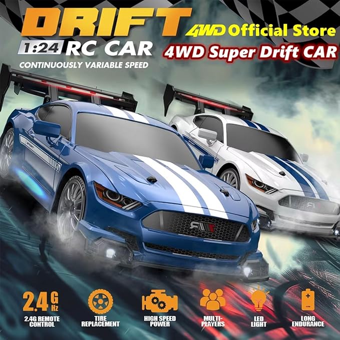 1:24 Scale RC Drift Car 4WD 2.4GHz 30KM/H High Speed Racing Sport Toy Car with LED Lights, Racing and Drift Wheels (8607-White)