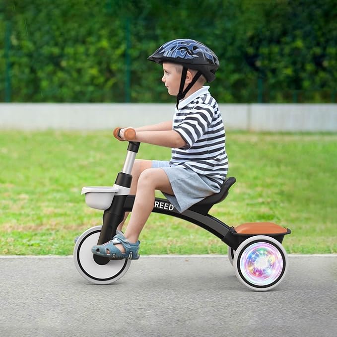 SEREED Colorful Lighting Toddler Tricycle for 2-5 Years Old Boys, Adjustable Seat&Handlebar Trike, Removable Basket, Birthday Gift Idea for Kids Ages 2+ (Black)