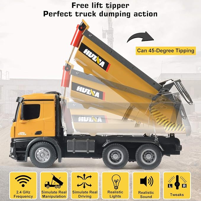 Remote Control Dump Truck Toy 1/14 Scale Heavy Duty Metal Construction Vehicles Load 15 Lbs RC Truck with Powerful Engines, Birthday Xmas Gifts for Kids