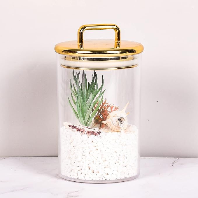 2 Pack 24 oz Medium Acrylic Storage Apothecary Jar with Gold Airtight Lid | Bathroom Vanity Organizer Containers | Ideal Decorative Canisters for Shells, Bath Salt, Grains, Cotton Ball, Flossers