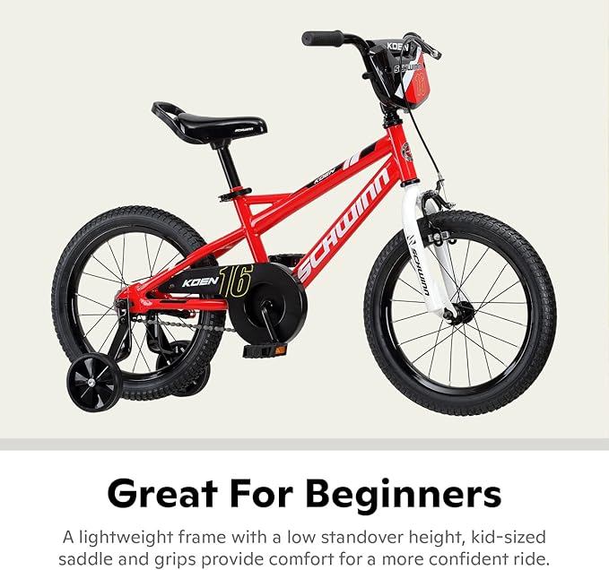 Schwinn Koen BMX Style Toddler and Kids Bike, For Girls and Boys, 16-Inch Wheels, With Saddle Handle, Training Wheels, Chain Guard, and Number Plate, Recommended Height 38-48 Inch, Red
