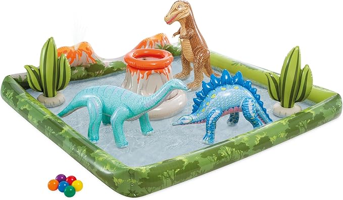 INTEX Jurassic Adventure Inflatable Kiddie Pool with Water Sprayer, Slide & Dinosaurs - 79" x 79" x 14" - Ages 2+