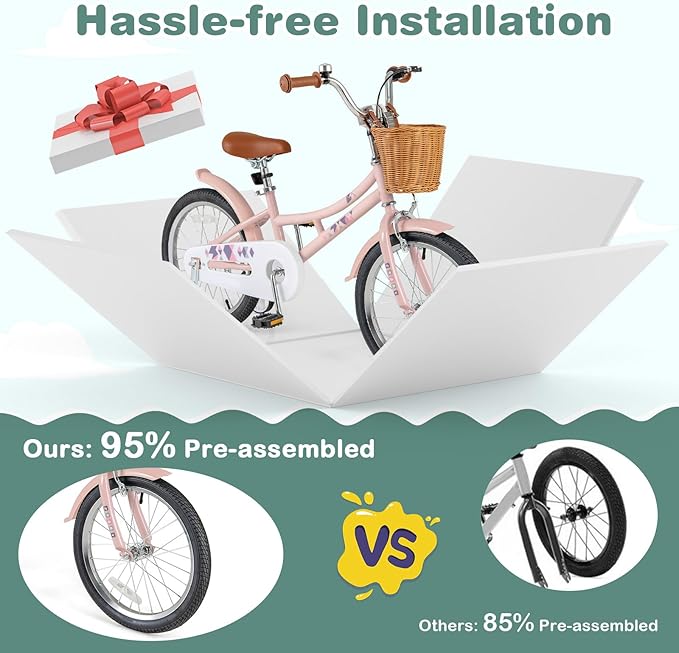 BABY JOY Retro Kids Bike, 12 14 16 18 Inch Child Bike for 3-8 Years Old w/Rattan Basket, Adjustable Height, Training Wheels, Fenders, Handbrake Coaster Brake, 95% Pre-Assembled Kids Bicycle for Girls