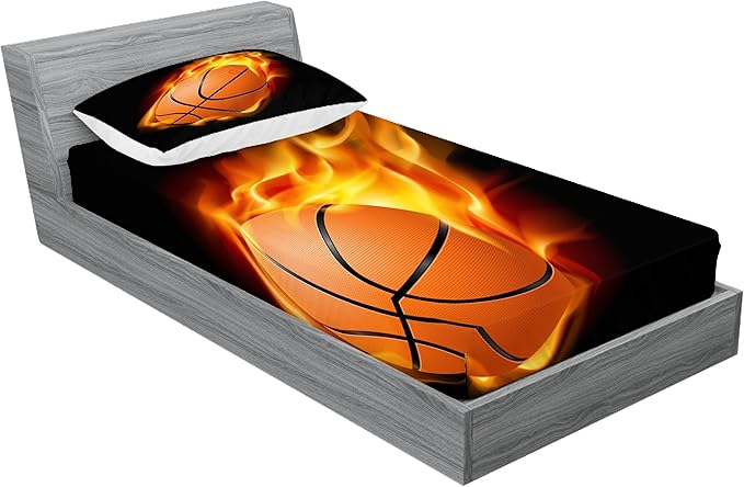 Ambesonne Sports Fitted Sheet & Pillow Sham Set, Basketball Lover Ball on Fire Speed Fireball Shoot Hoops Kids Sporty Fun Art Print, Decorative Printed 2 Piece Bedding Decor Set, Twinxl, Orange Black
