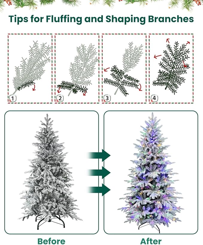 Prelit Christmas Tree 7ft, Artificial Flocked Christmas Tree with 400 Multicolor Lights, 2086 PE PVC Tips, LED Frosted Xmas Tree with Snow, 9 Color Modes, Hinges, Home Decor