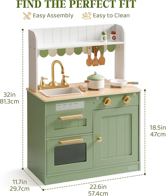 ROBUD Wooden Play Kitchen Set for Kids, Pretend Play Kitchen Toy Set with Golden Faucet, Sink, Oven, Stove, Cabinet, Vintage Style, Gift for Boys & Girls Ages 3+ (Green)