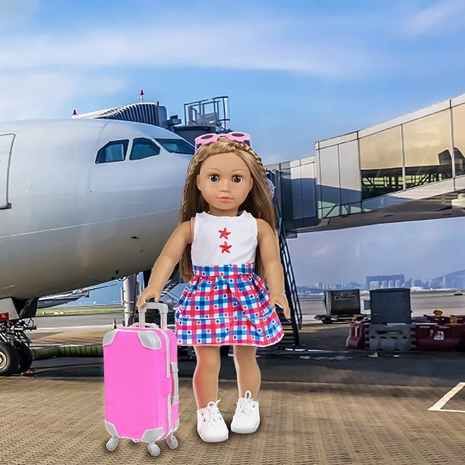 ZQDOLL American 18 inch Doll Clothes and Accessories - Travel Suitcase Play Set Including Suitcase Clothes, Shoes, Sunglasses, Camera, Unicorn Pillow, for 18 inch Doll(No Dolls)