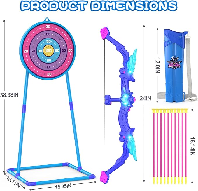 Kids Bow and Arrow Toy, Angel Light Up Archery Set W/ 10 Suction Cup Arrows, Targets & Quiver, Outdoor/Indoor Games for Kids Ages 4-7 8-12, Birthday Gifts for 4 5 6 7 8 9 10 11 12 Year Old Boys Girls