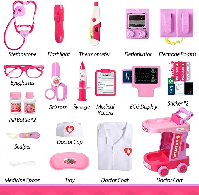 Liberry Doctor Kit for Toddlers Aged 2 3 4 5, Pretend Doctor Play Set for Kids with Cart, Costume and Stethoscope, Role Play Medical Toys for Girls Boys(Pink)