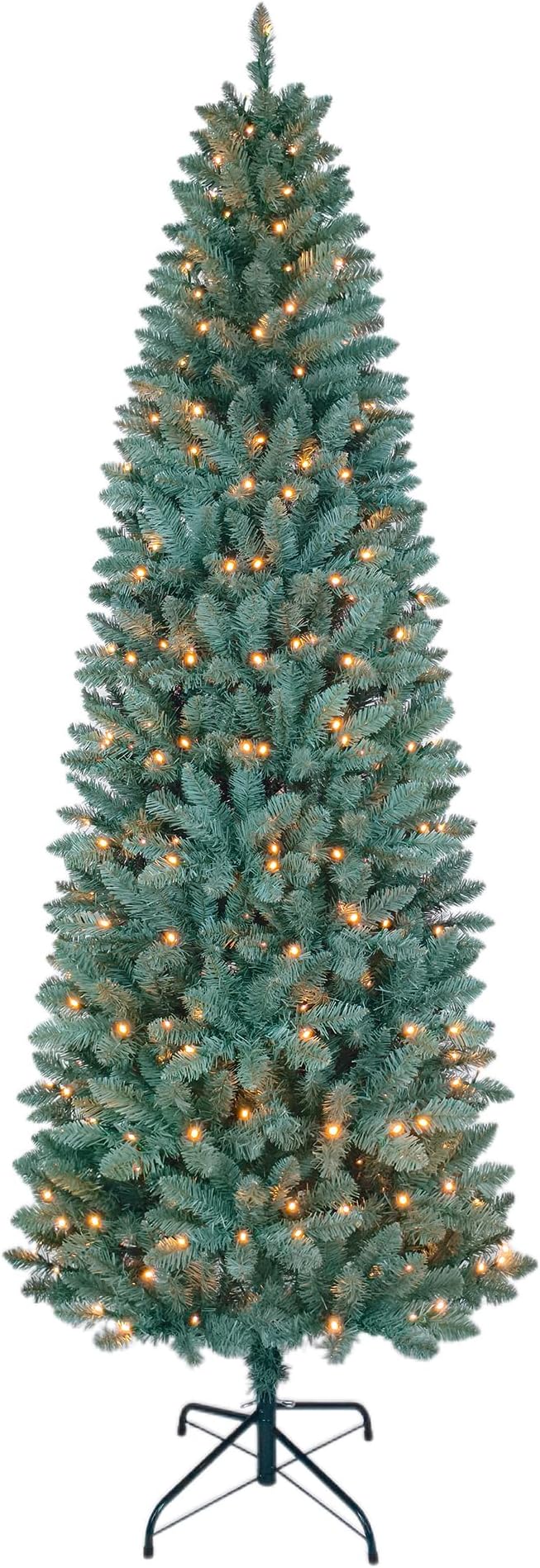 7.5FT Prelit Slim Artificial Christmas Tree with 843 Branch Tips, 300 Warm White LED Lights and Metal Stand, Realistic Skinny Pencil Blue Spruce Christmas Tree for Holiday Décor