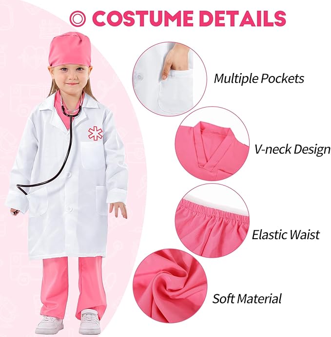 Doctor Costume for Kids 3 4 5, Toddler Medical Dress up Clothes with Real Stethoscope & Carry Bag