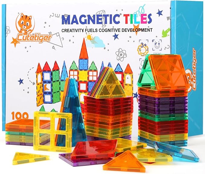 Magnetic Tiles, Magnet Tiles, 100 Pcs Magnetic Building Blocks No Cars, Square Building Castle, Preschool Toys, STEM Stacking Construction Montessori Toys for Kids