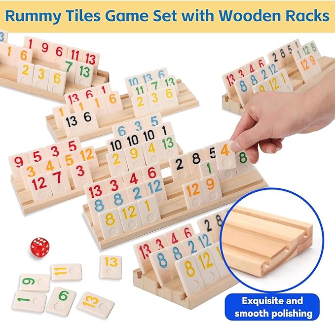 Deluxe Rummy Cube Game Set 6-8 Players with 8 Wooden Racks & 240 Rummy Tiles | Travel & Family Board Game for Adults and Kids