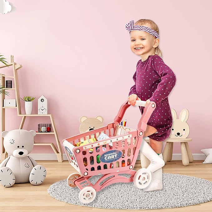 deAO Kids Shopping Cart Trolley for Groceries Toddlers 65 Food Fruit Vegetables Pretend Play Food Role Play Educational Toy Play Kitchen Toys Store Playset (Red)