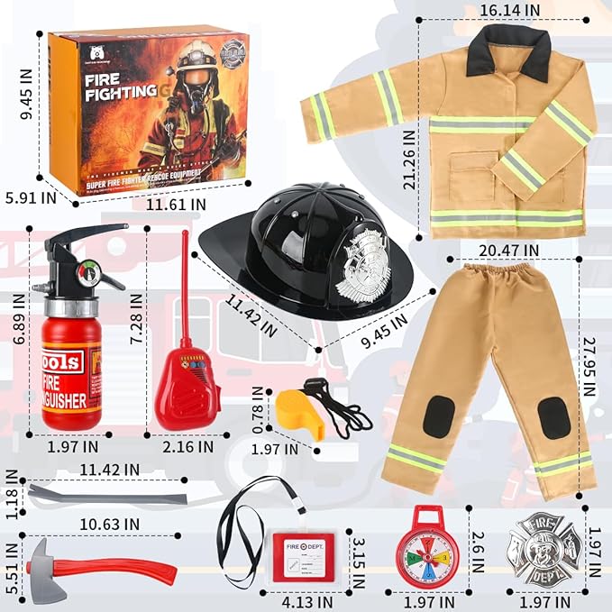 Firefighter Costume for Kids 3-5, Fireman Costume for Boys with Toy Accessories Set, Firefighter Clothes Suit, Toddler Fireman Dress Up Outfit 2-4t, Halloween Role Play for Boys Girls Age 4-7