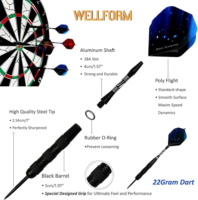 Darts Metal Tip Set,12 Pack 22 Gram with Nonslip Iron Barrel, Darts Steel Tip Set Professional,with 12 Aluminum Dart Shafts, 24 Extra Flights, Dart Sharpener, Dart Wrench, Stylish Gift Box