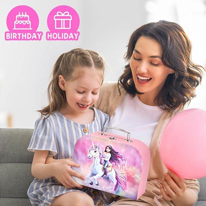 Toddlers Unicorn Tea Party Set for Little Girls, Pretend Tin Teapot Set, Princess Tea Time Play Kitchen Toy with Dessert, Doughnut, Carrying Case for Birthday Easter Gifts Age 3 4 5 6