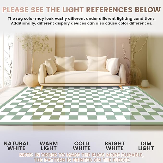 Washable 8x10 Checkered Area Rug for Living Room, Sage Green Checkerboard Modern Boho Large Rugs, Ultra Thin Low Pile Lightweight Indoor Carpet with Non-Slip Backing for Bedroom Kids Nursery Playroom