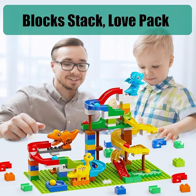 Building Blocks for Kids Toddlers 3 4 5 6 7 8+ Year Old, 128-piece Large Classic Building Bricks, Dinosaur Marble Run with 2 Baseplate for Boys Girls All Ages, Compatible with All Major Brands
