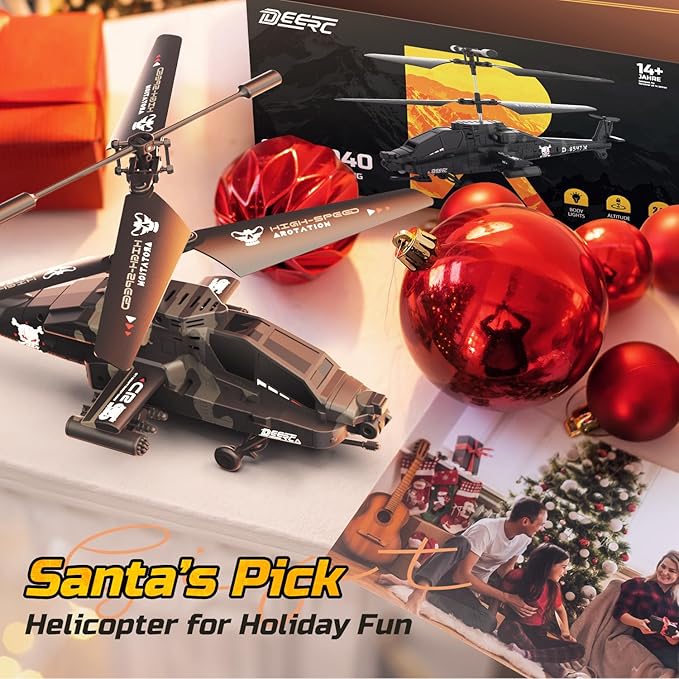 DEERC Apache RC Helicopter for Kids & Adults, Military Remote Control Helicopter Toy with LED Lights, 2 Batteries & USB-C Charging, 26 Mins Flight, Altitude Hold, Gift for Boys Ages 8-12