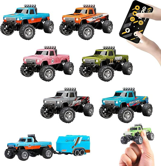 Mini Rc Truck, 1:64 Scale Monster Truck Remote Control Car with Lights, 2.4Ghz Remote Control, Mini Alloy Monster Truck Rc, Speed/Steering Adjustable (6Pcs)