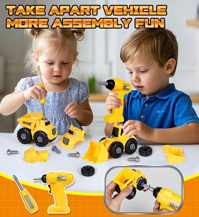 Lehoo Castle Toddler Tool Bench with Electric Drill & Take Apart Construction Vehicles, 2-in-1 Workbench & Toolbox for Kids, Toy Tool Set for Toddlers Age 3, Birthday Festival Gift for Boys & Girls